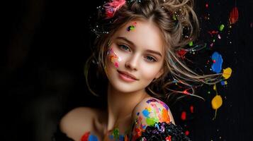 Beautiful girl with paint splatters on her face photo