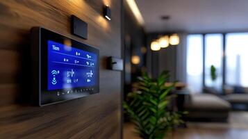 A smart home thermostat displays the current temperature and humidity photo
