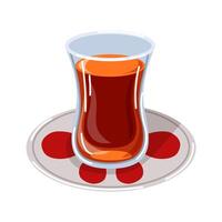 Traditional Turkish tea in a tulip shaped glass on a saucer with red patterns in cartoon style. Perfect representation of Turkish breakfast culture for design, menu cafe, restaurant, culinary project. vector