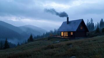A cabin in the mountains with smoke coming out of the chimney photo