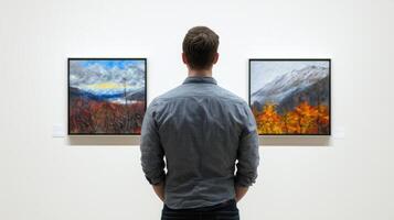 A man looking at paintings in an art gallery photo