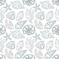 Underwater seamless pattern with seashell in line art style. Summer ocean, sea beach print for background, textile, fabric, card, seafood store, delivery on a white background. vector
