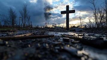 A cross is in the middle of a field with a cloudy sky above photo