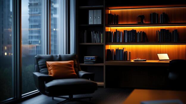 A dark room with a chair and a desk photo