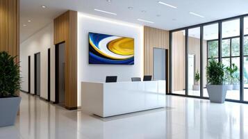 Modern office lobby with reception desk and large painting photo