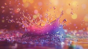 Water splash with colorful liquid on a bright background photo