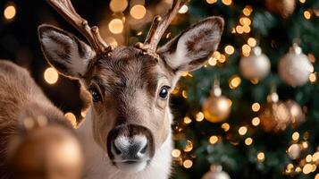 A deer with antlers is standing in front of a Christmas tree photo