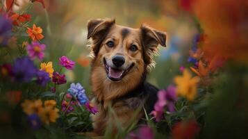 A dog is sitting in a field of flowers photo