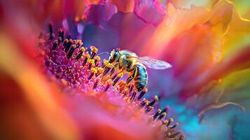 A bee on a colorful flower with a bright background photo