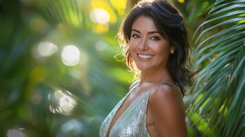 A woman in a silver dress smiling in front of palm trees photo