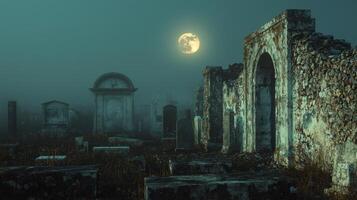 A graveyard with tombstones and a full moon photo