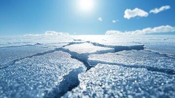 Glimmering ice stretches across the landscape, with noticeable cracks reflecting sunlight. The clear blue sky and distant clouds enhance the icy scenery during winter photo