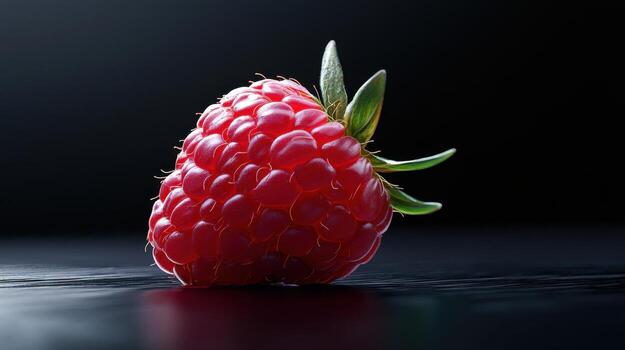 A raspberry is sitting on a black surface photo