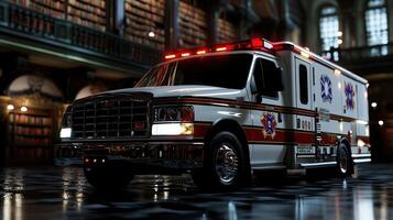 A white ambulance parked in a library photo