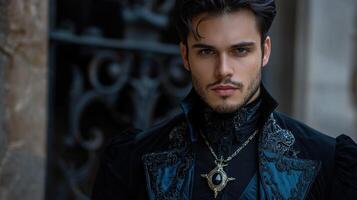 A man in a black costume with a necklace photo