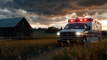 A white ambulance is driving down a road in a field photo