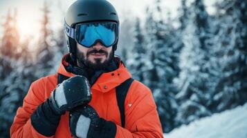A man in an orange jacket and goggles is standing in the snow photo