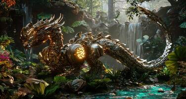 The dragon is in the jungle with a waterfall photo