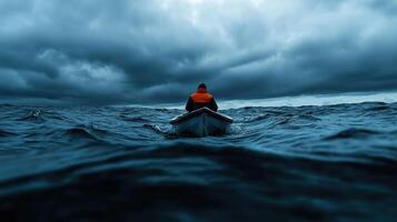 A man in a boat on the ocean under stormy skies photo
