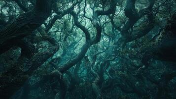 A dense forest showcases intricate, twisted branches reaching toward the sky. The dim lighting creates an enchanting atmosphere, inviting exploration and curiosity photo