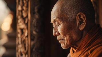 An elderly monk in orange robes sits in serene meditation within a richly decorated temple. Soft light filters through, enhancing the atmosphere of tranquility and wisdom photo