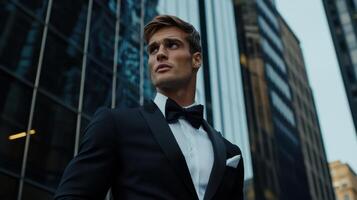 A man in a black suit and white shirt is standing in front of a tall building photo