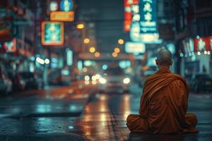 A monk sits on the street in the rain, looking up at the sky photo