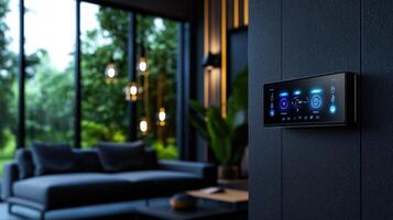 A modern smart thermostat is mounted on a wall photo