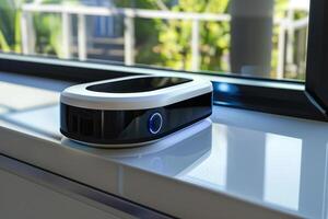 A small device sits on a countertop next to a window photo