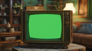 An old television with a green screen in front of a couch photo