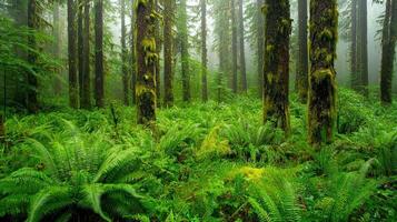A forest with ferns and trees in the fog photo