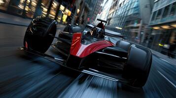A red and black race car is speeding down a street photo