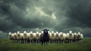 A solitary black sheep stands in sharp contrast to a group of white sheep grazing on a grassy field under a moody sky. Dark clouds loom overhead, creating an atmospheric backdrop photo