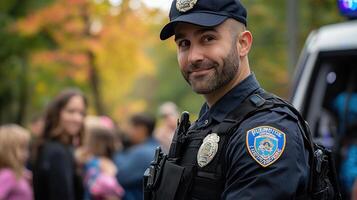 A police officer smiling in front of a crowd photo