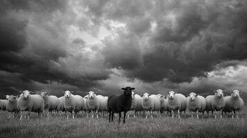 A black sheep is positioned at the forefront, contrasting against a flock of white sheep. Dark, ominous clouds fill the sky, suggesting an impending storm photo
