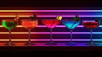 A row of colorful cocktails in front of a neon sign photo