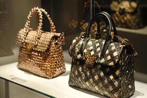 Two handbags with gold and black designs are displayed on a shelf photo