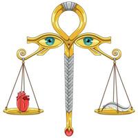 Egyptian scales in balance, one side a heart, the other a feather, symbolizing the ancient judgment of the soul. vector