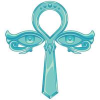 An ansate cross, the Egyptian Ankh, framed by the protective and all-seeing eyes of Horus on each side. vector