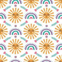 Spring seamless pattern. Sun with a face and boho rainbow. Cute illustration for background, fabric, wrapping paper, wallpaper, card, fabric vector