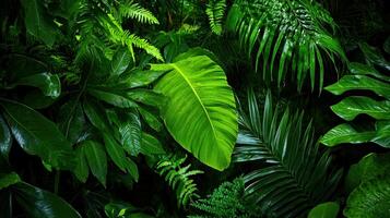 A lush green jungle with a leafy green plant in the foreground photo