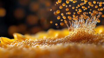 A close up of a yellow flower with water splashing photo