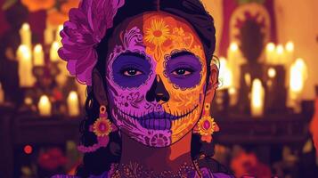 A woman showcases elaborate sugar skull makeup at a cultural festival, combining vibrant colors and floral designs, while a backdrop of candles adds a warm glow photo