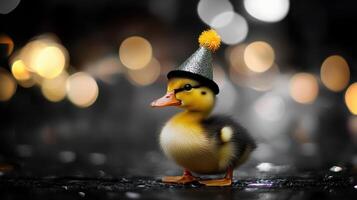 A duck wearing a party hat is standing on a wet surface photo