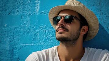 A man wearing a hat and sunglasses against a blue wall photo
