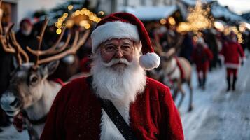 A man dressed as Santa Claus stands in front of a group of reindeer photo