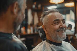 A man is smiling while sitting in a barber chair photo