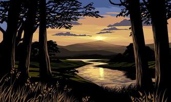 Serene sunset scenery with mountain and river vector