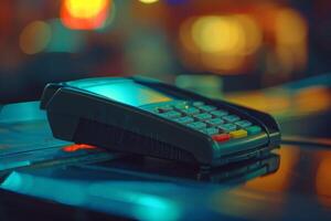 A close up of a credit card machine photo