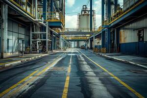 A large industrial area with a long road in the middle photo